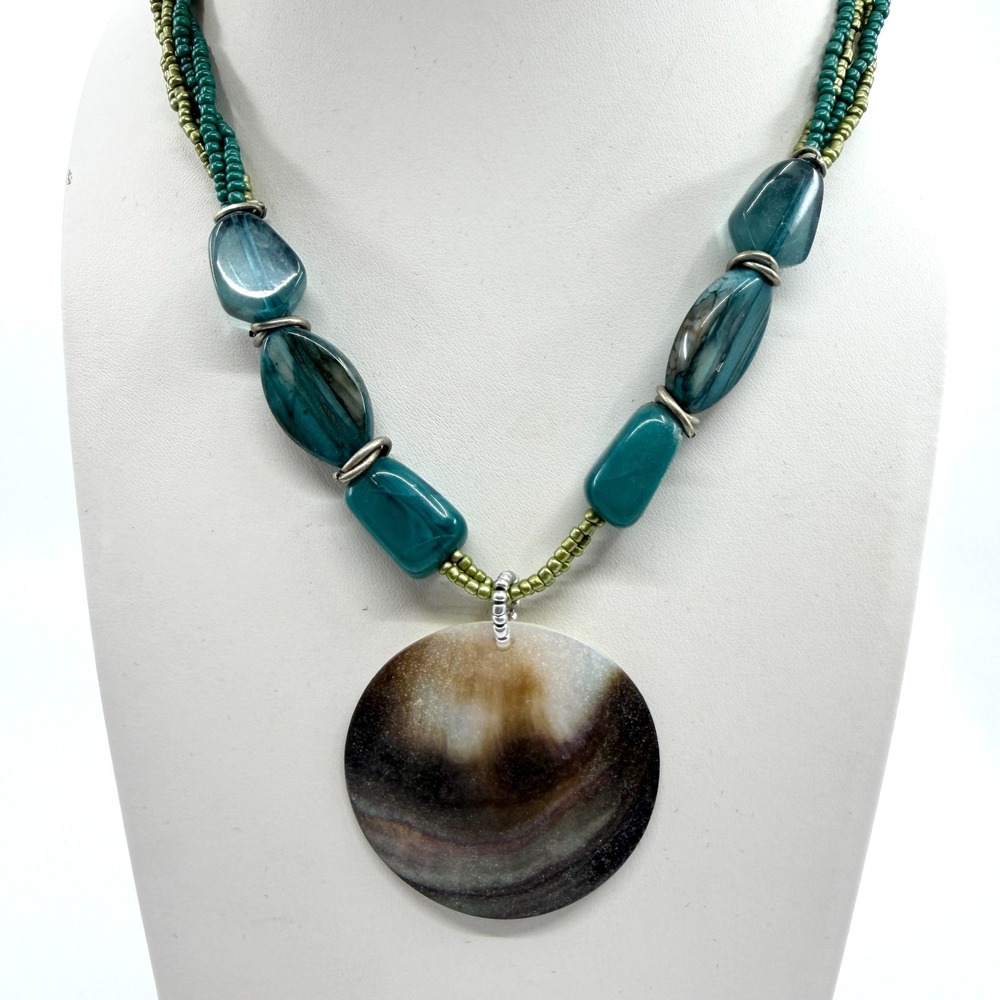 Boho Shell Pendant Necklace Teal Green Beaded Layered Jewelry